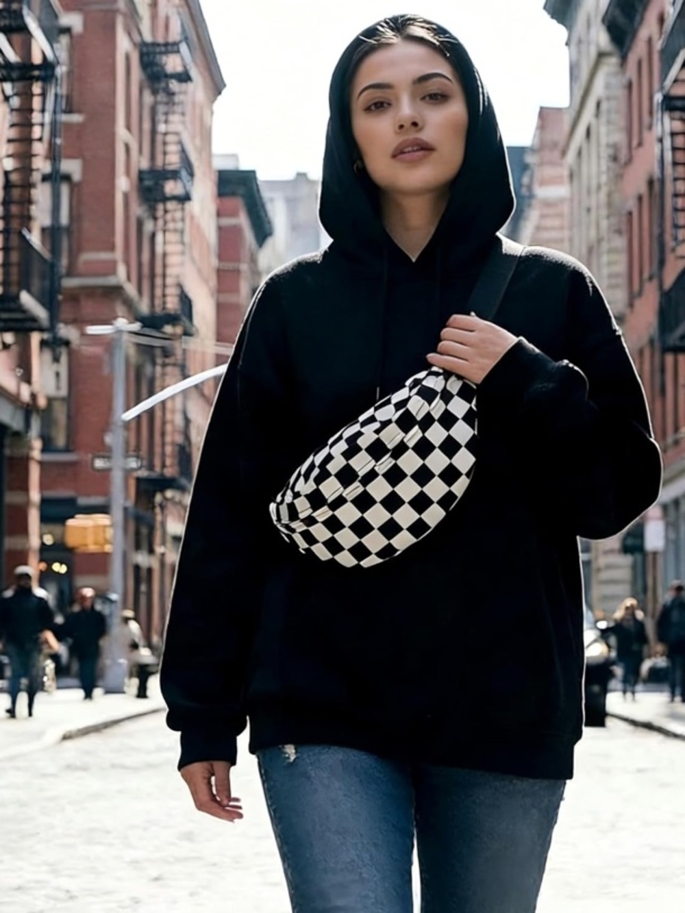 NWT No Label Black and White Checkered Adjustable Canvas Crossbody Belt Bag